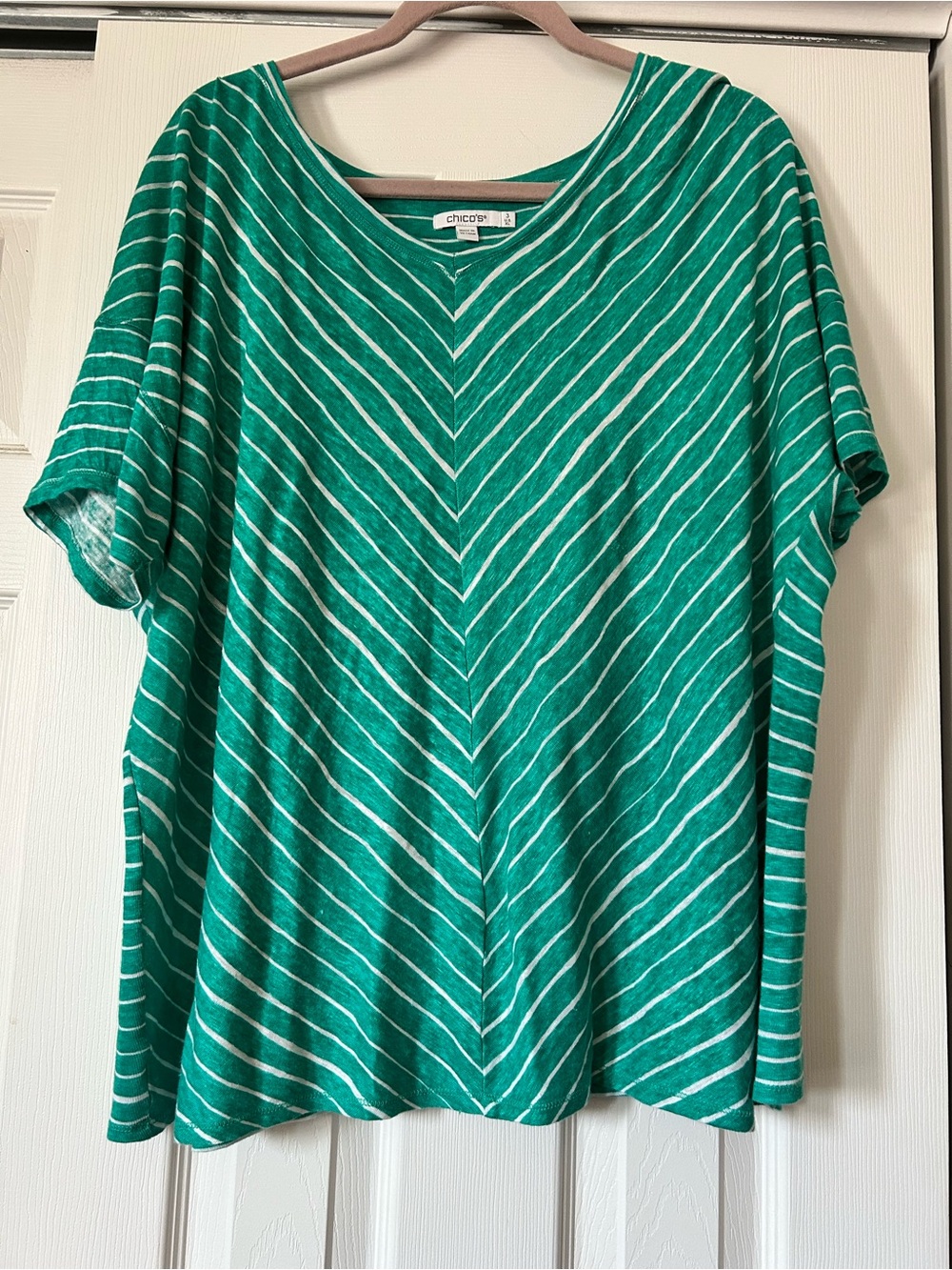 Ladies Chico’s Ladies V Neck Green and White Striped Shirt in Size 3